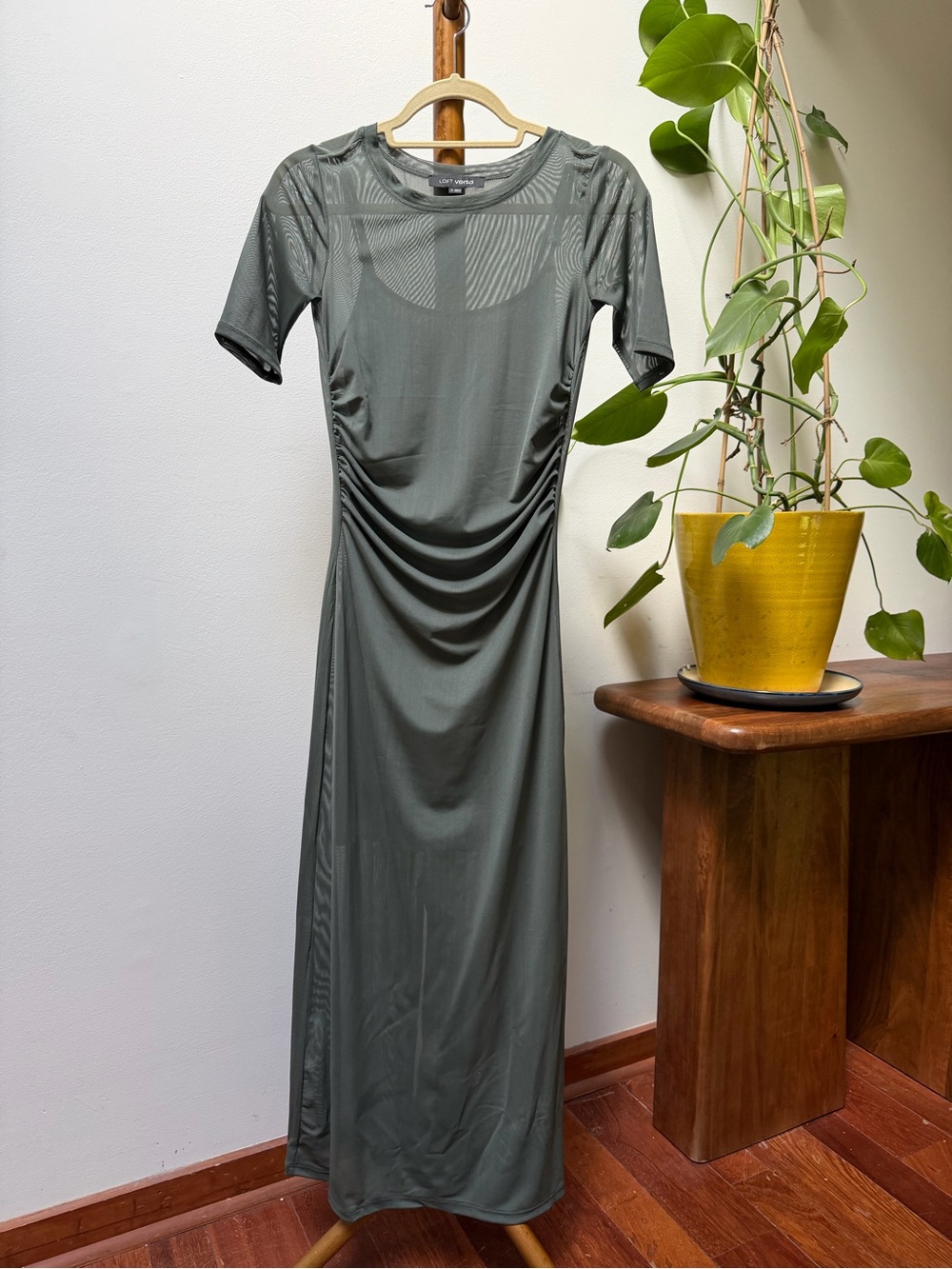 LOFT Versa Stretch Mesh Midi Dress Ruched Olive Green Sz 0